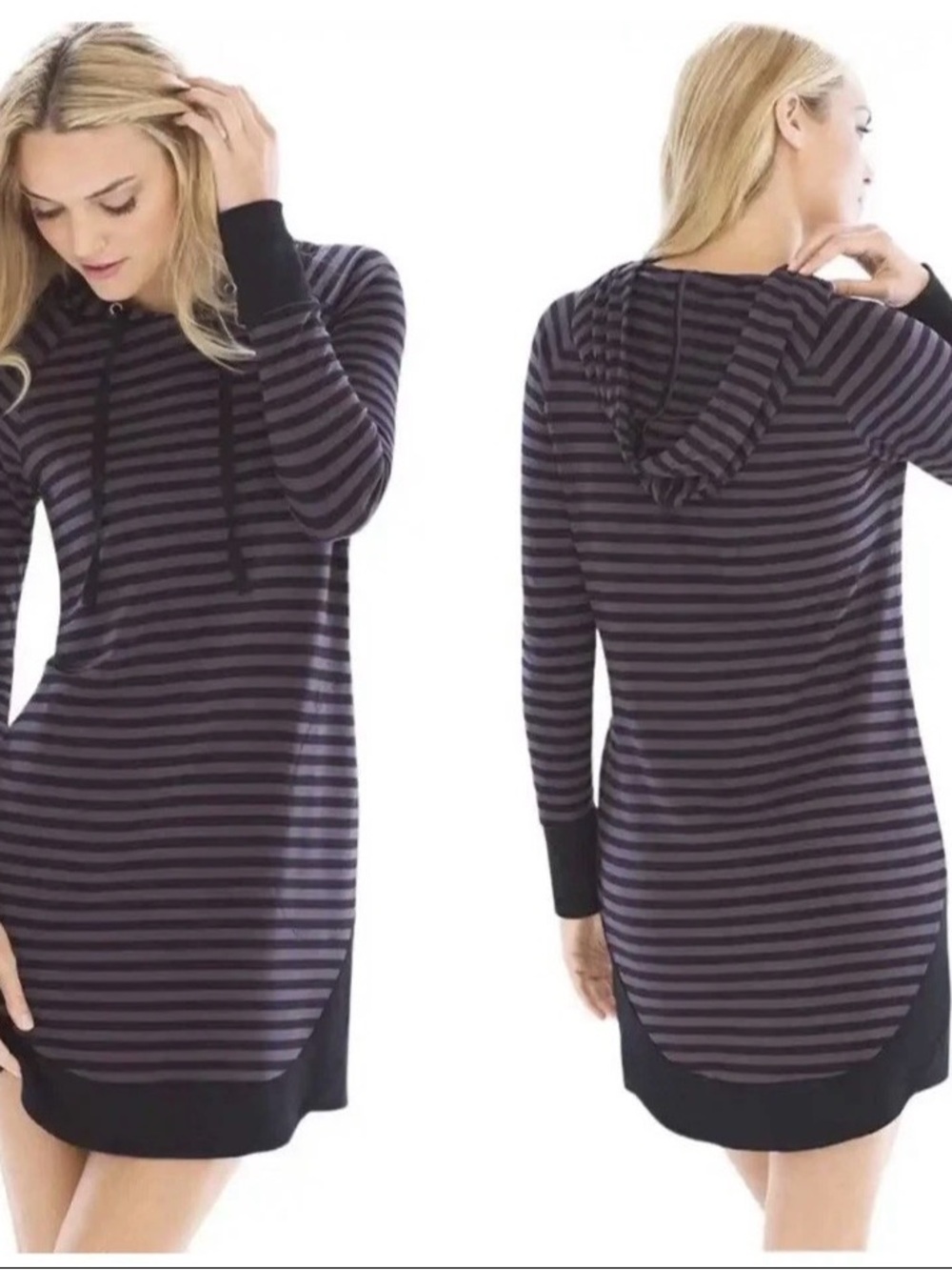SOMA Striped Hooded Tunic Dress in Black and Purple Medium